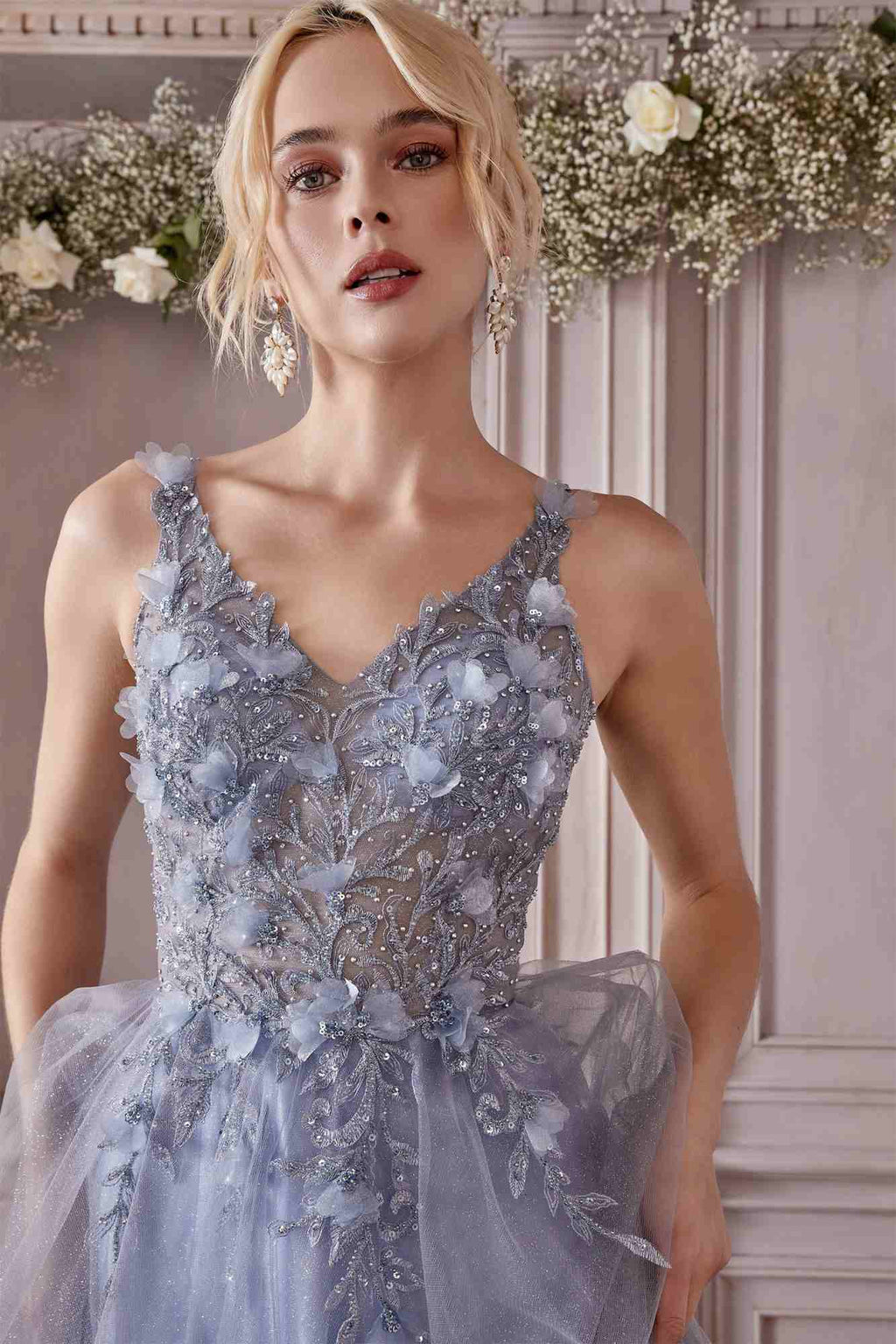 Lilac embellished A-line tulle dress with floral beaded bodice and thin straps