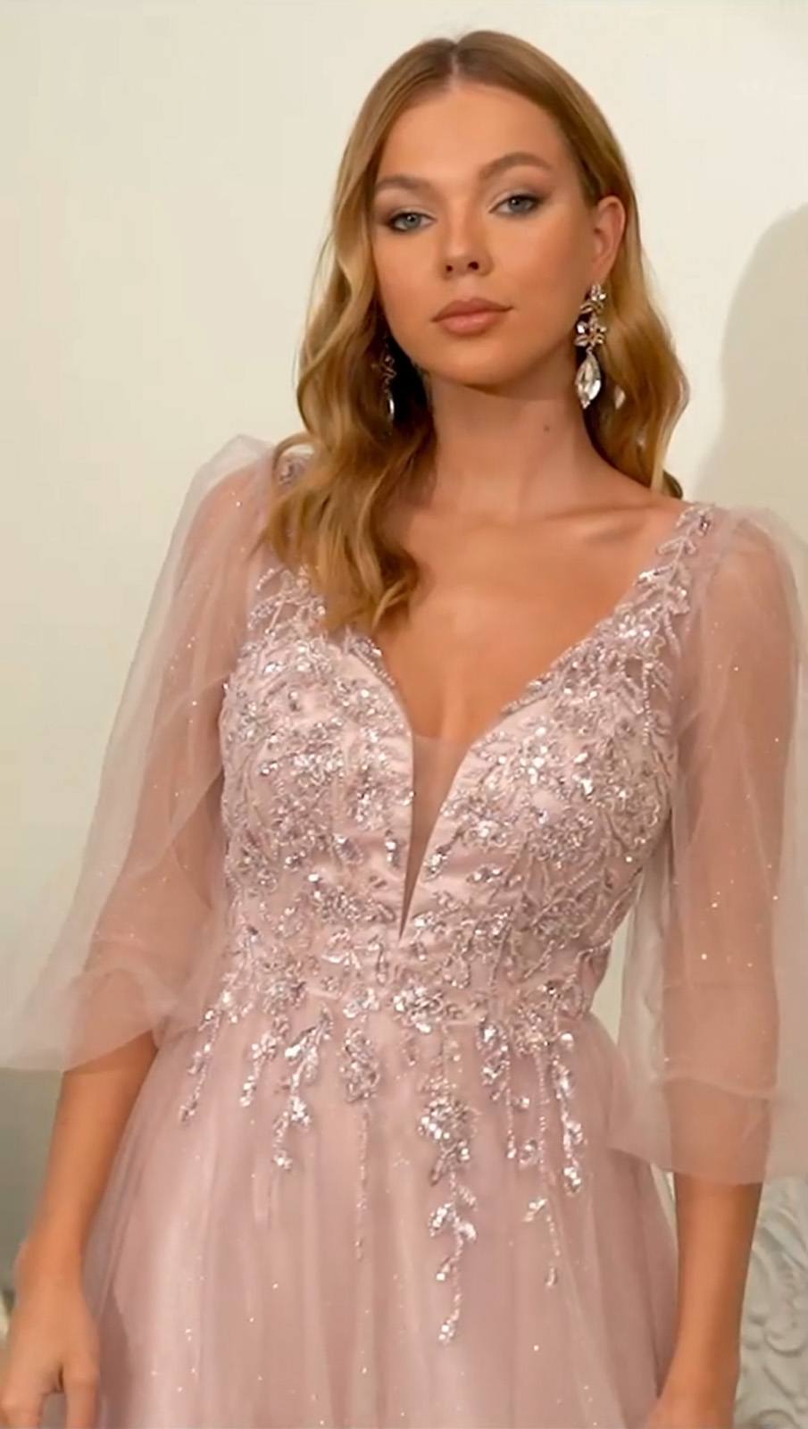 Glitter embellished A-line formal dress with V-neck, blush tulle short sleeves