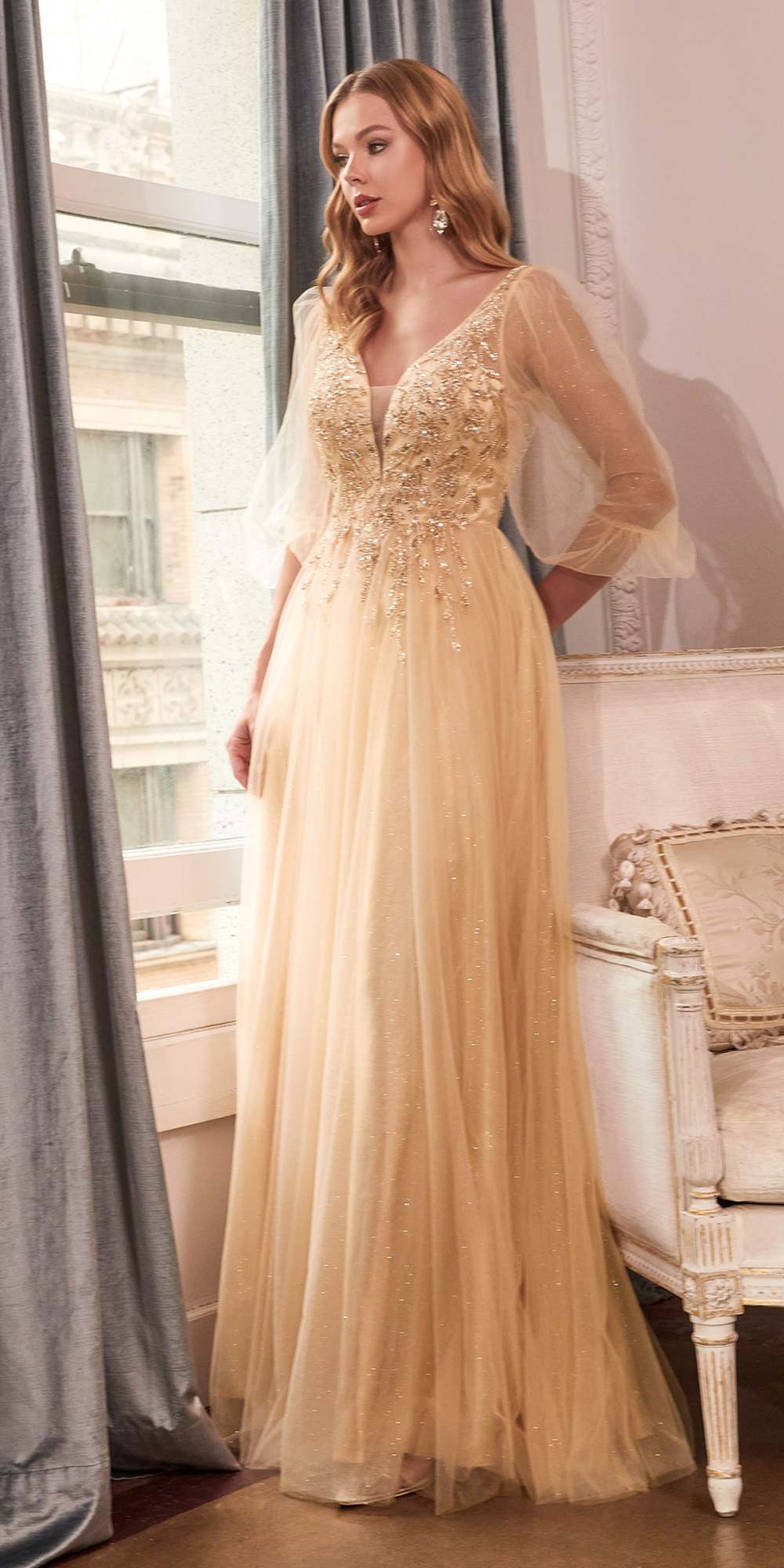 Champagne glitter tulle A-line formal dress, deep V-neck, short puff sleeves