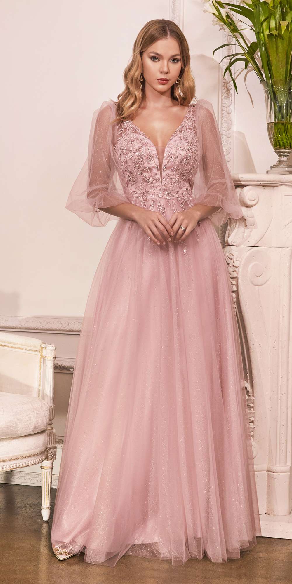 Mauve glitter tulle A-line formal dress, sheer sleeves, V-neck bodice