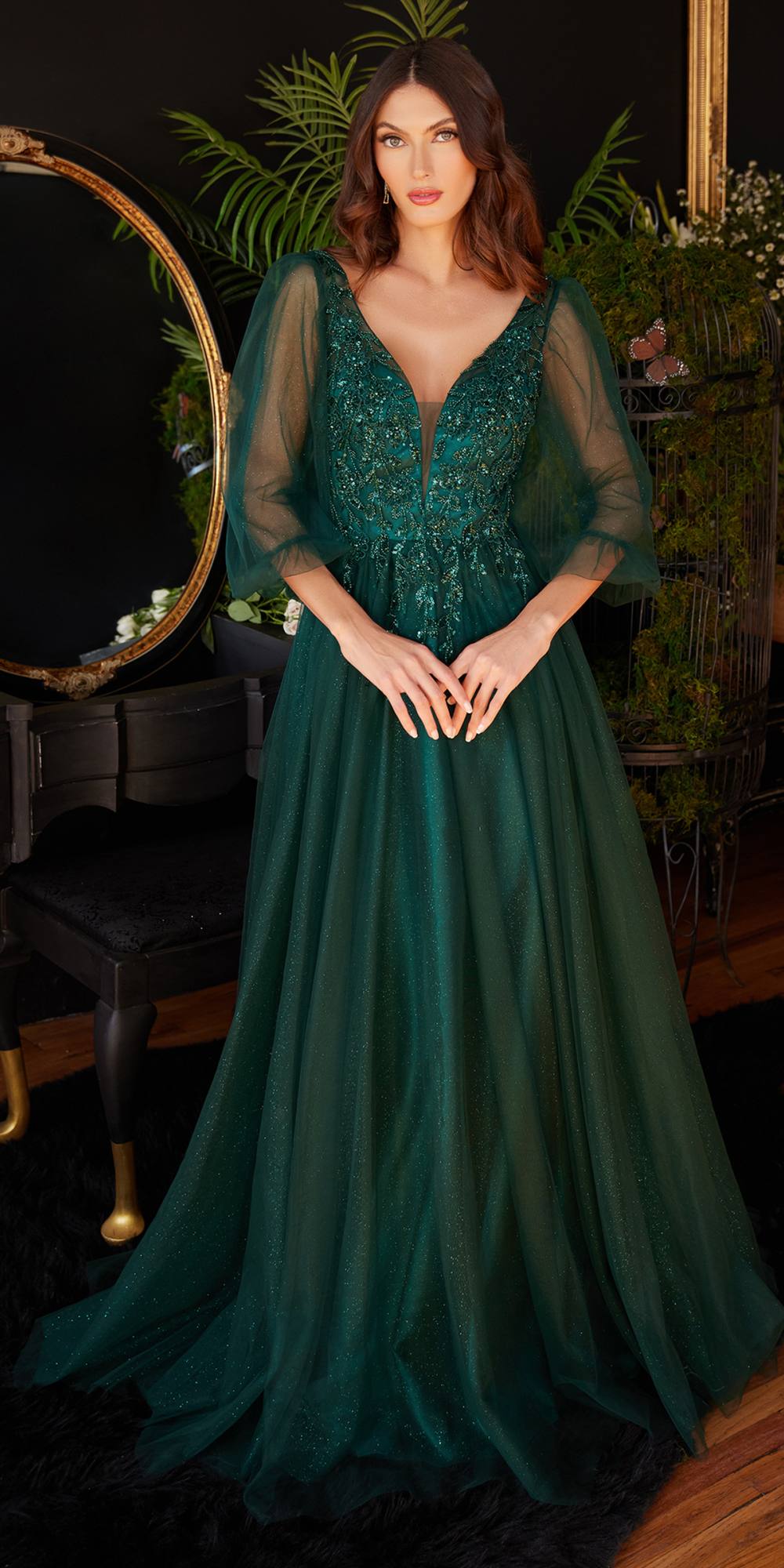 Glitter tulle A-line formal dress with V-neck bodice, long sheer sleeves, teal