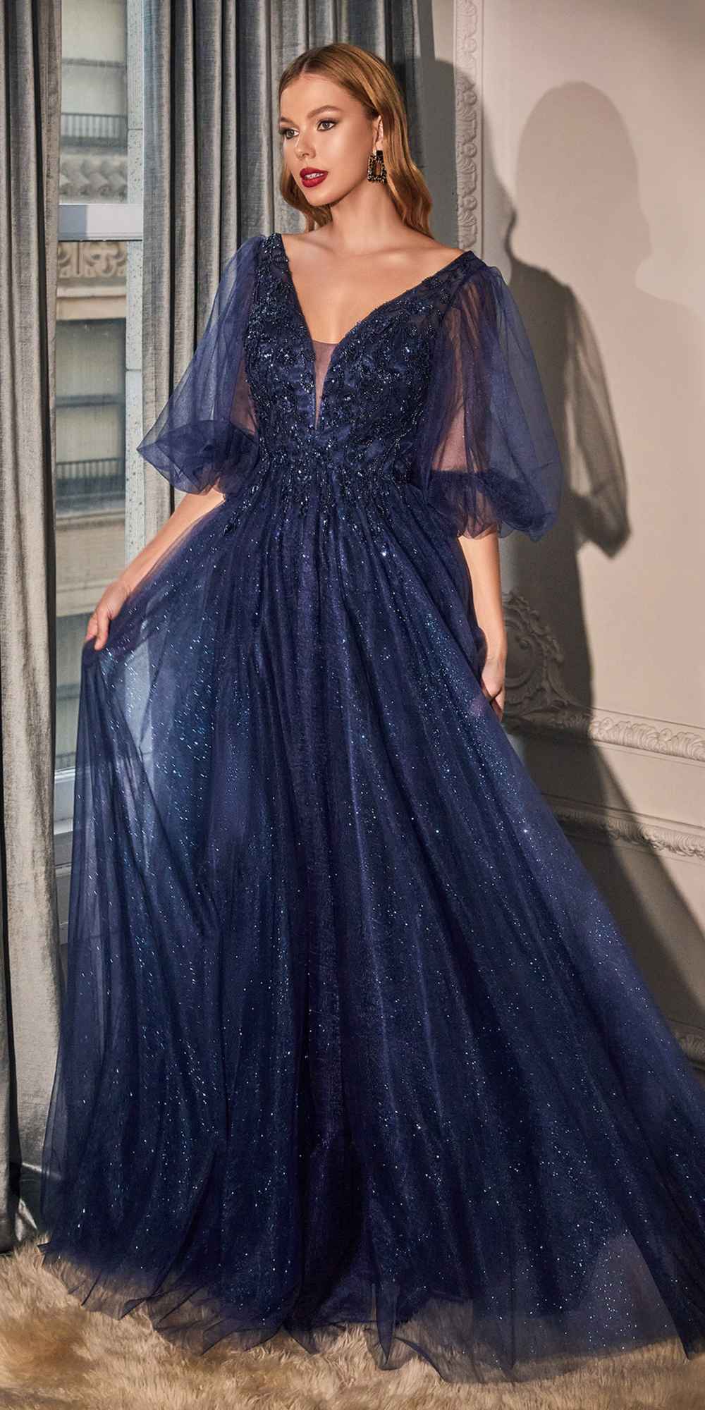 Navy glitter tulle A-line formal dress with V-neck, short cape-style sleeves