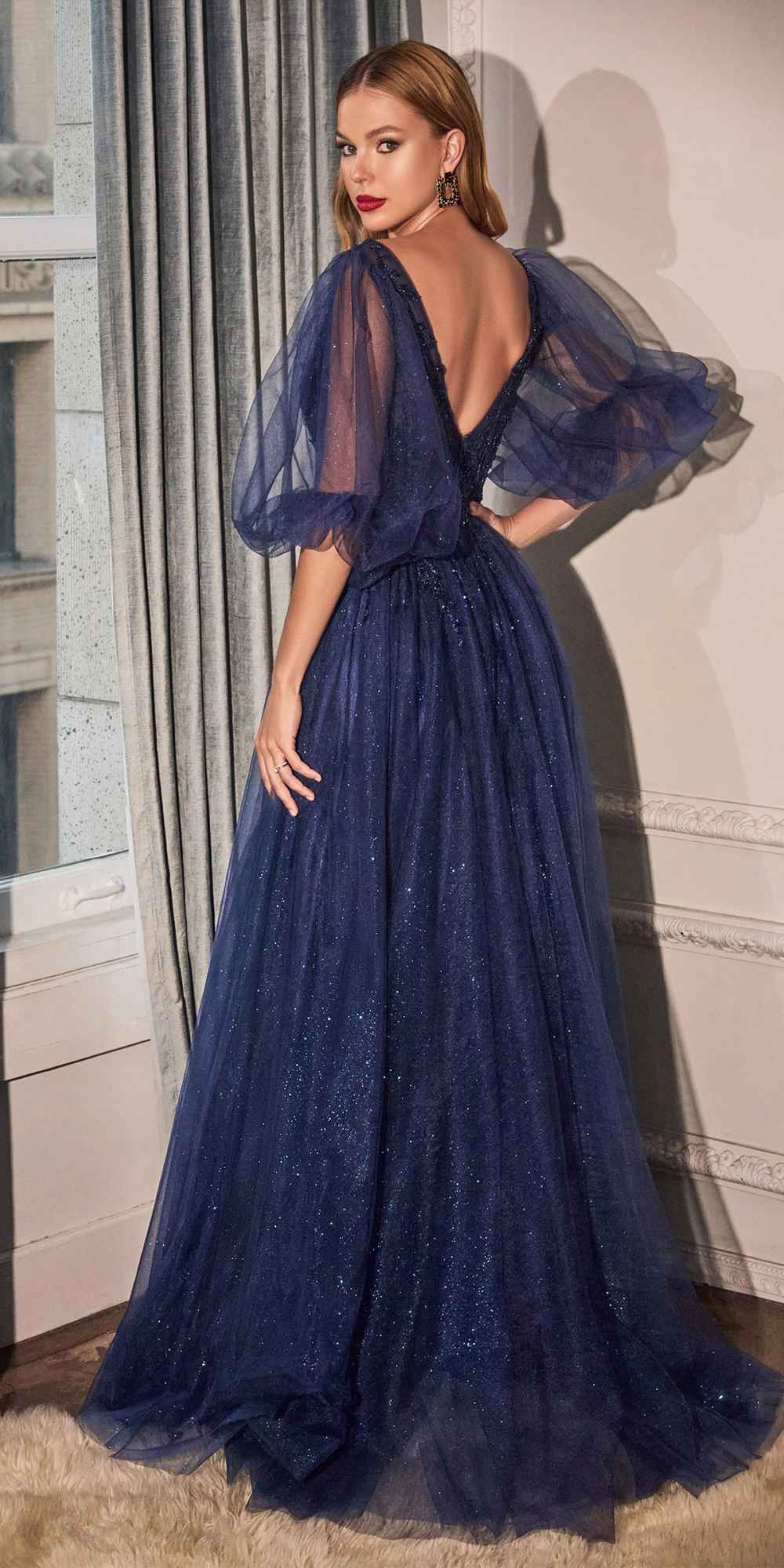 Navy glitter tulle A-line formal dress with V-neck, off-shoulder puff sleeves