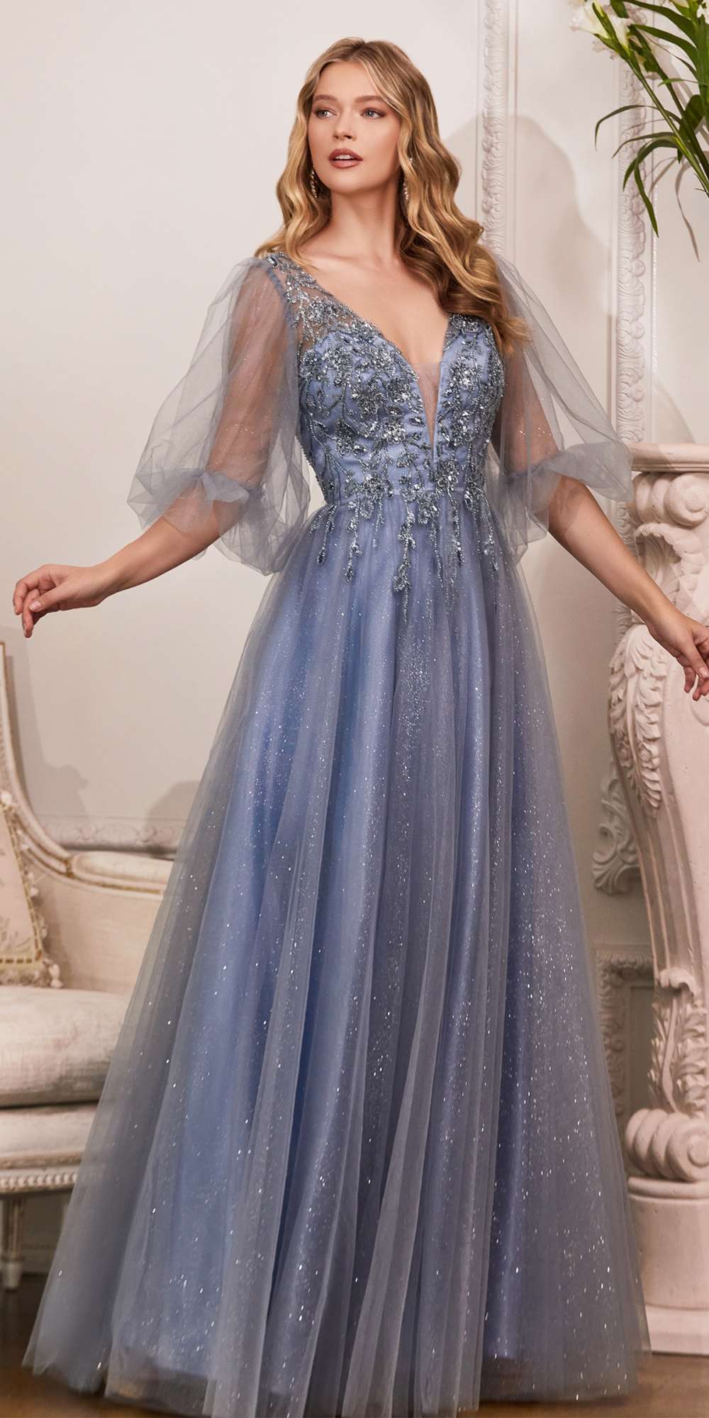 Blue glitter tulle A-line formal dress with V-neck, puff cap sleeves, tulle overlay