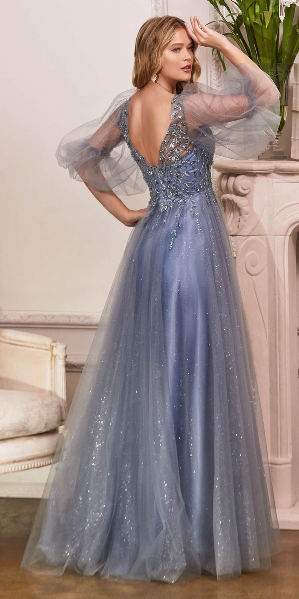 Blue glitter tulle formal dress with V-neck and sheer puff sleeves, A-line skirt
