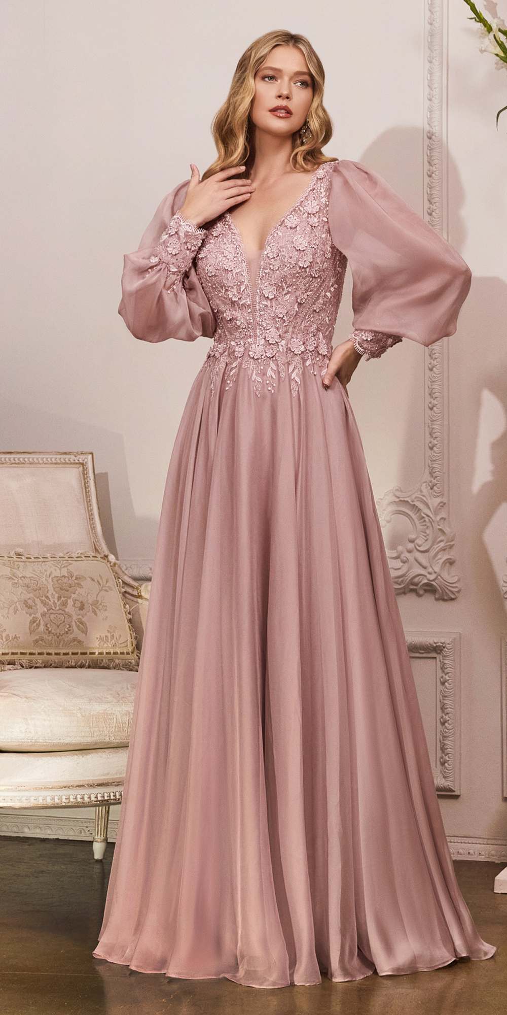 Rose-pink chiffon formal gown with puff long sleeves, lace V-neck bodice, gathered skirt