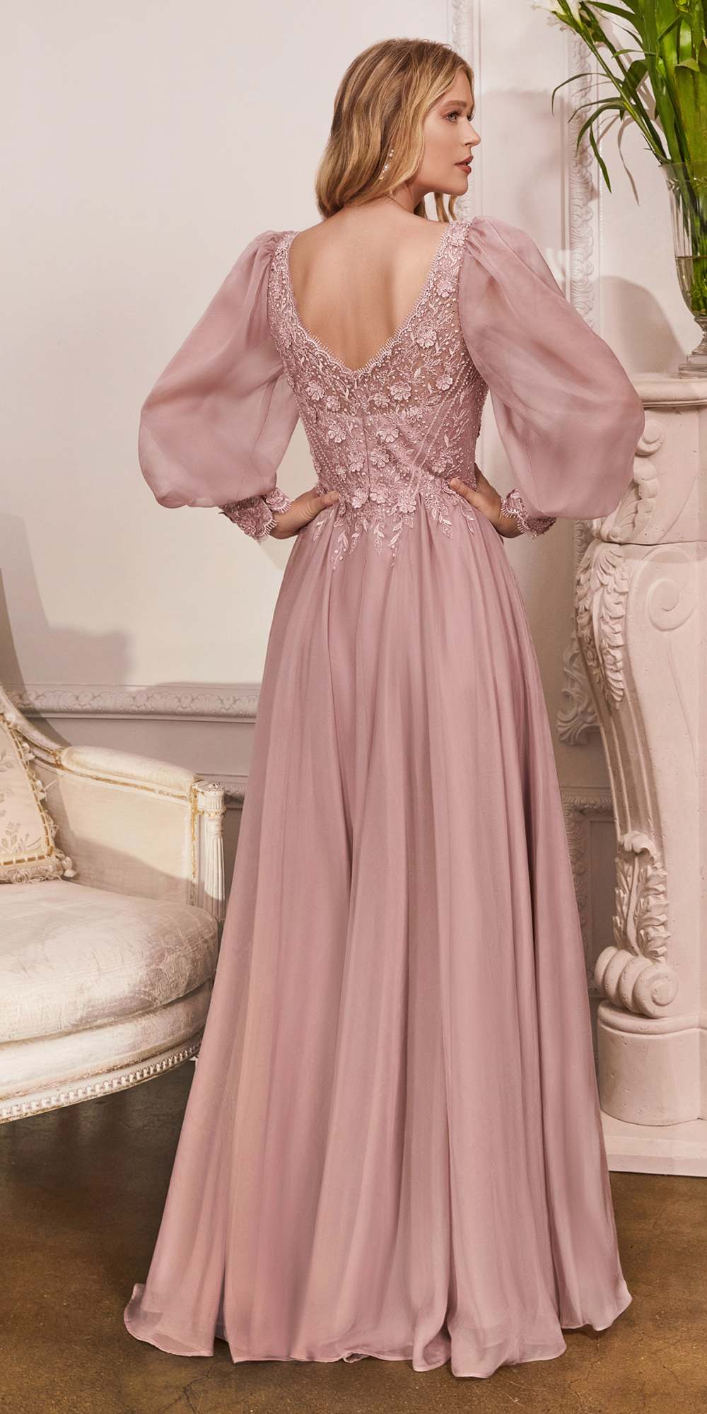 Rose-pink chiffon formal gown with puff long sleeves, lace open-back detail, full A-line skirt
