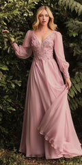 Rose-pink chiffon formal gown with lace V-neck bodice, flowing puff sleeves, ruffled hem