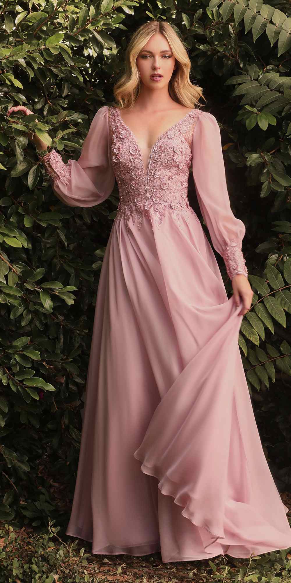 Rose-pink chiffon formal gown with lace V-neck bodice, flowing puff sleeves, ruffled hem