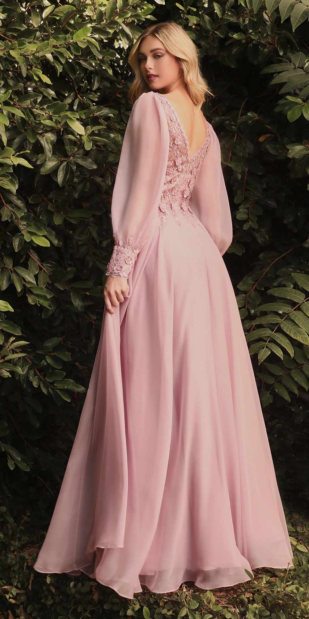 Rose-pink chiffon formal gown with lace V-neck bodice and puff sleeves, side drape detail