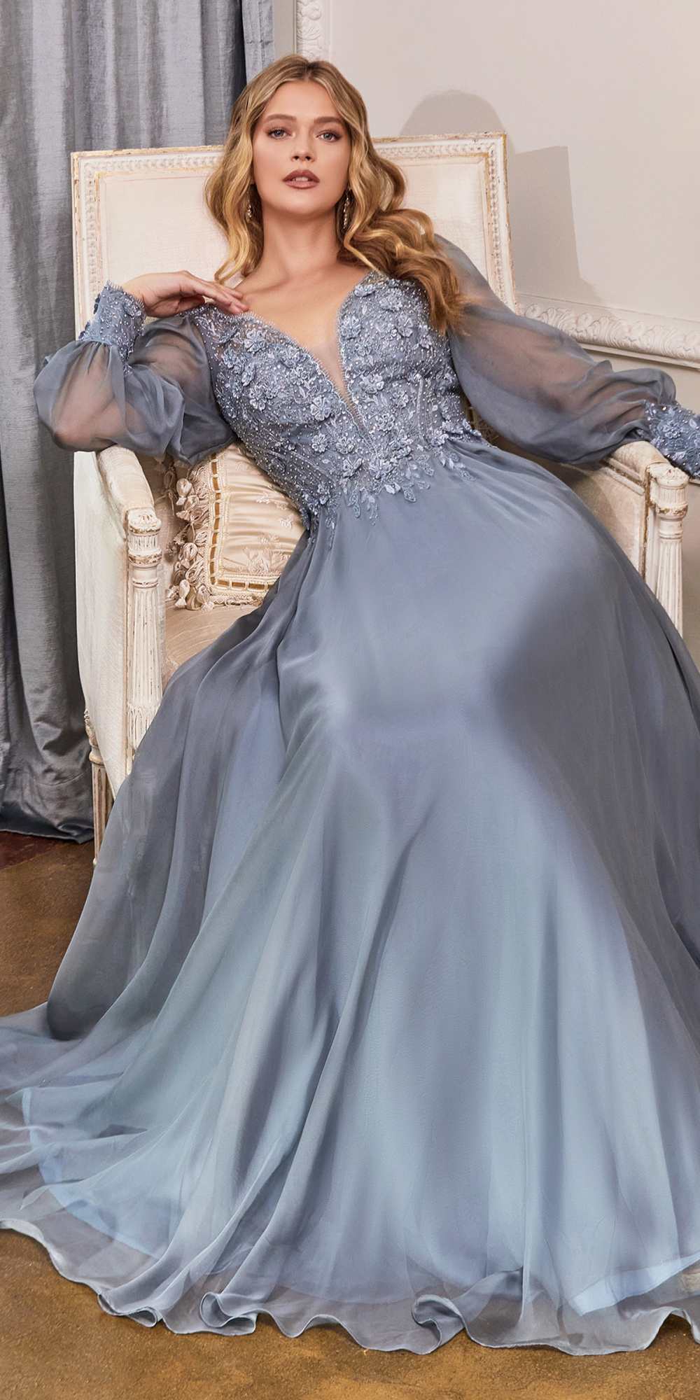 Blue chiffon formal gown with puff long sleeves, lace V-neck bodice, full gathered skirt