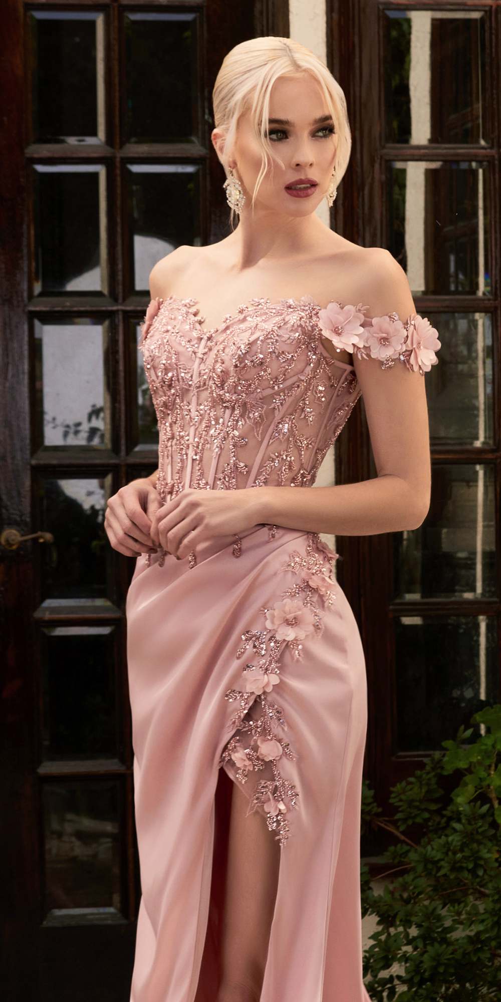 Long floral off-the-shoulder gown with thigh slit, pale pink with beaded floral design