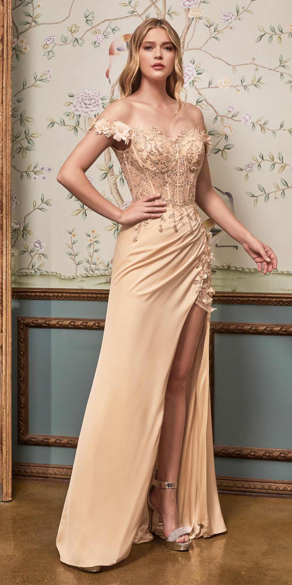Champagne off-shoulder long floral gown with lace bodice and thigh-high slit