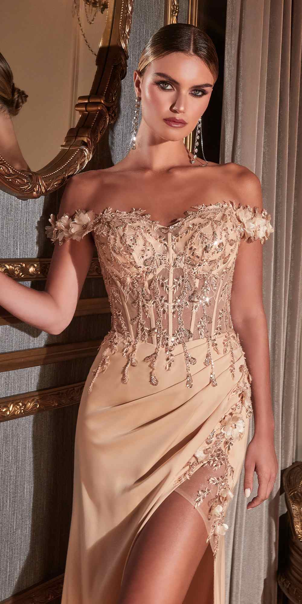 Long floral off-the-shoulder gown with thigh slit, champagne satin with floral lace trim