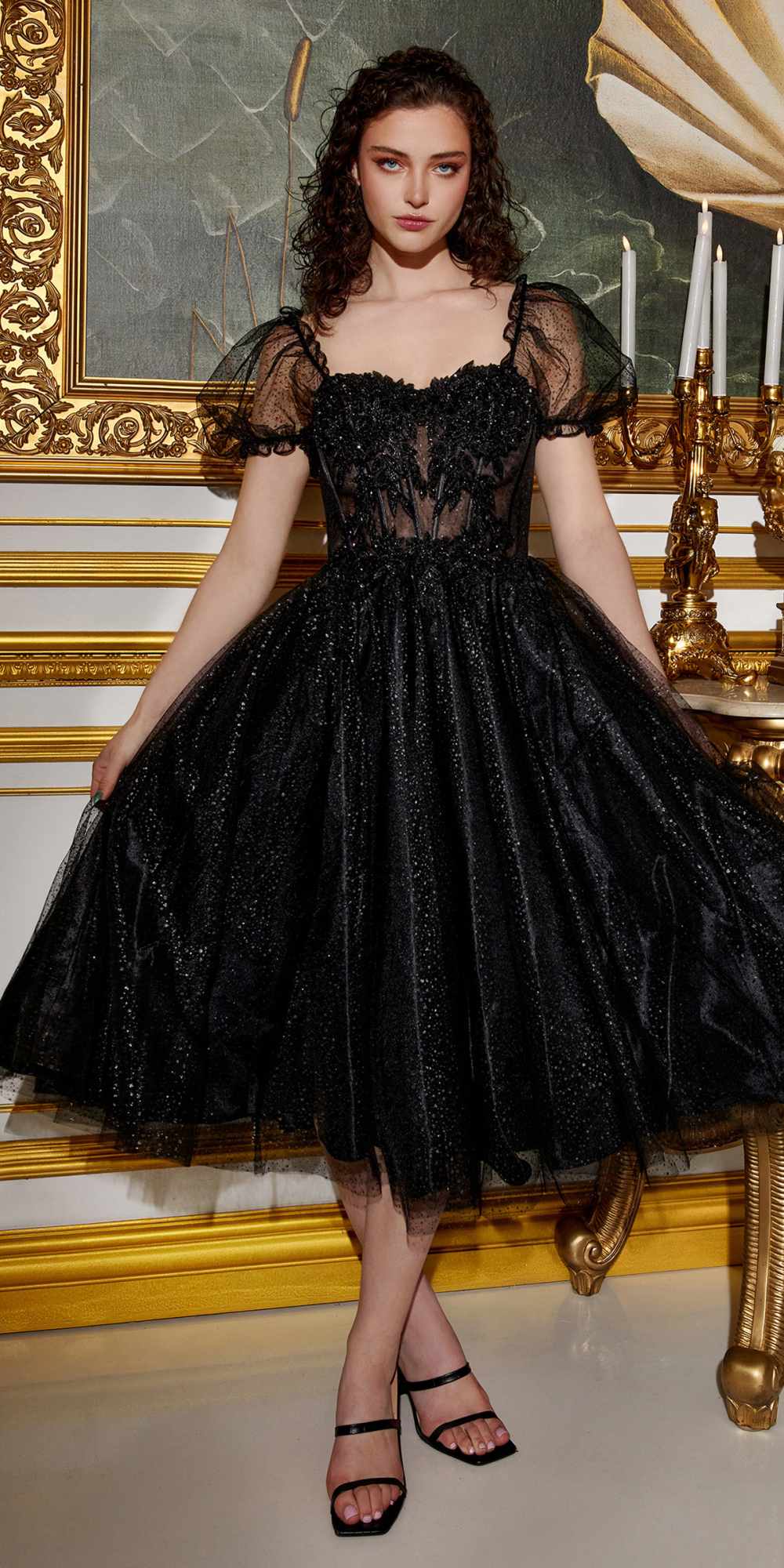 Black tea-length layered tulle dress with short puff sleeves and fitted lace bodice