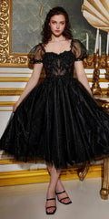 Black tea-length layered tulle dress with short puff sleeves and fitted lace bodice