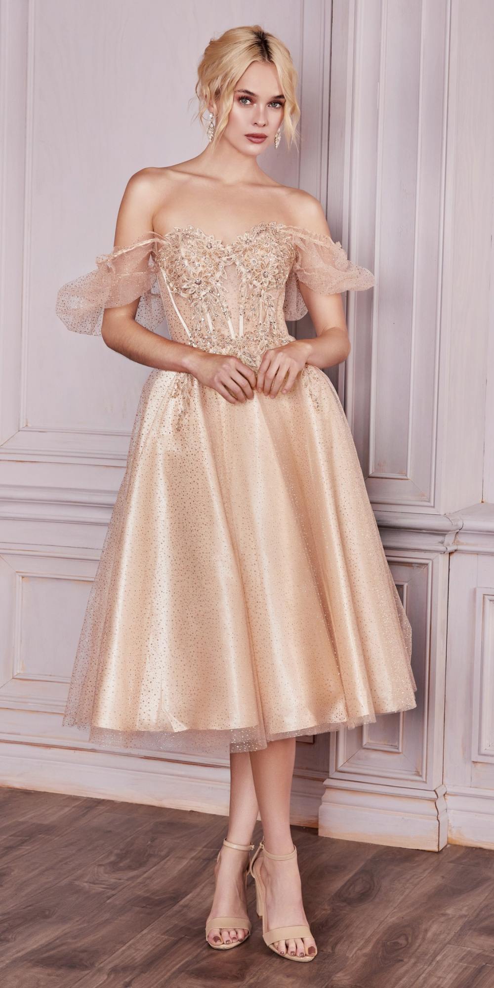 Champagne tea-length layered tulle dress with short puff sleeves and sweetheart bodice
