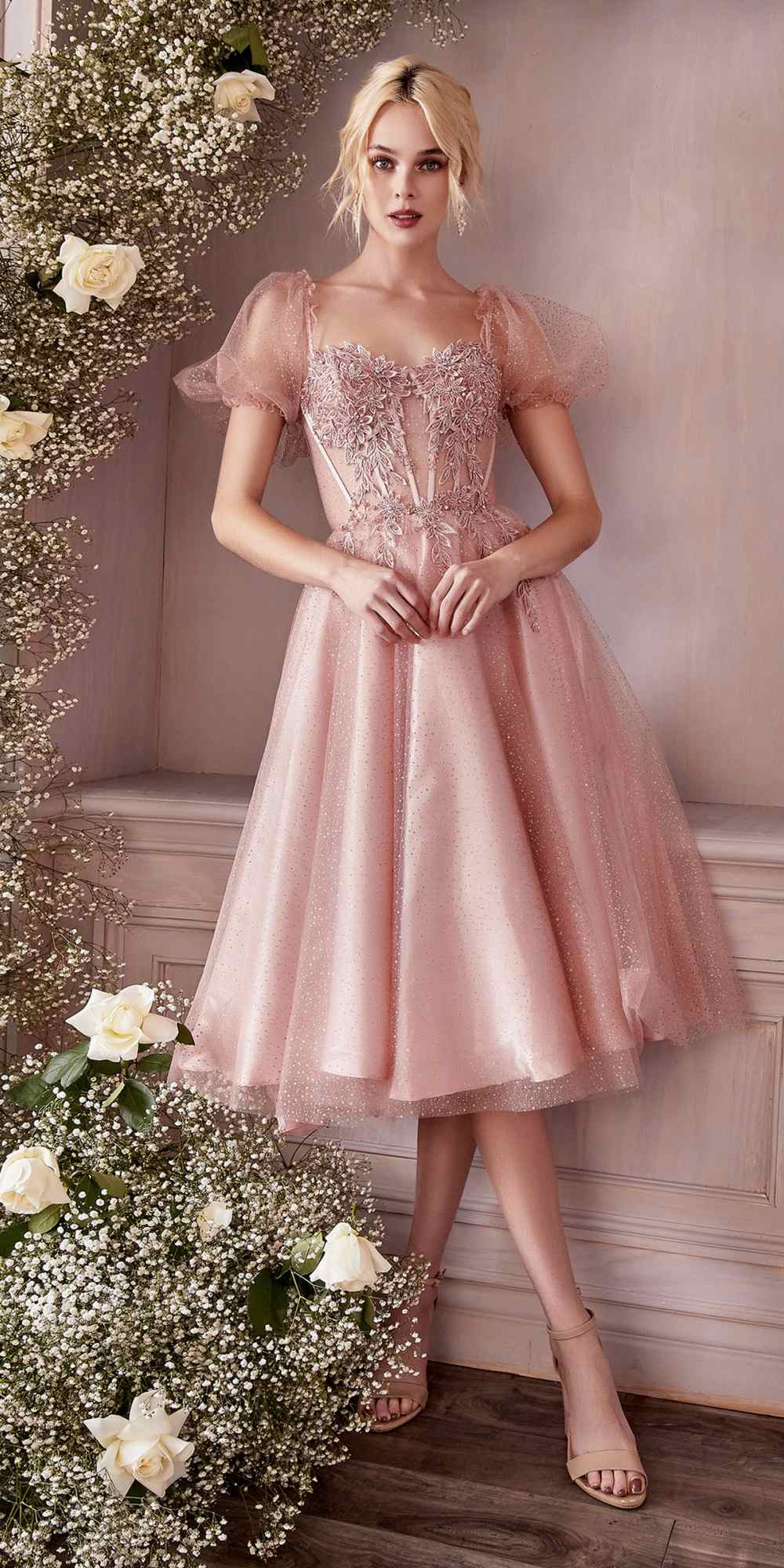 Blush champagne tea-length layered tulle dress with off-shoulder short puff sleeves