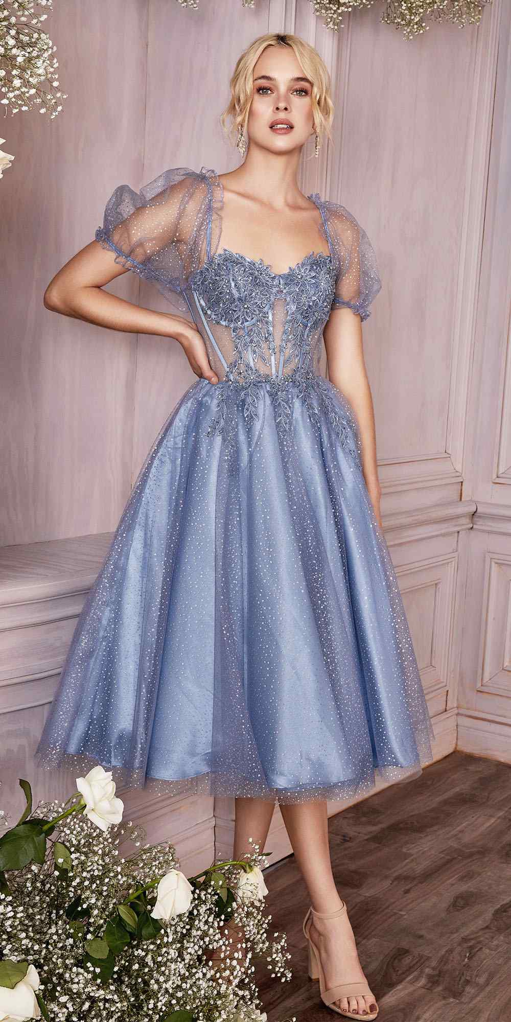 Blue tea-length layered tulle dress with embroidered lace bodice and short puff sleeves