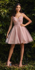 Blush short A-line tulle lace dress with spaghetti straps and V-neck lace bodice