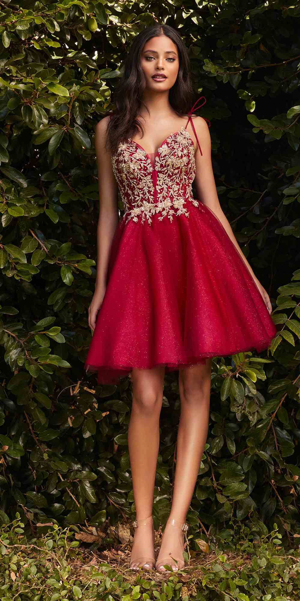 Red short A-line tulle lace dress with spaghetti straps and ornate lace bodice