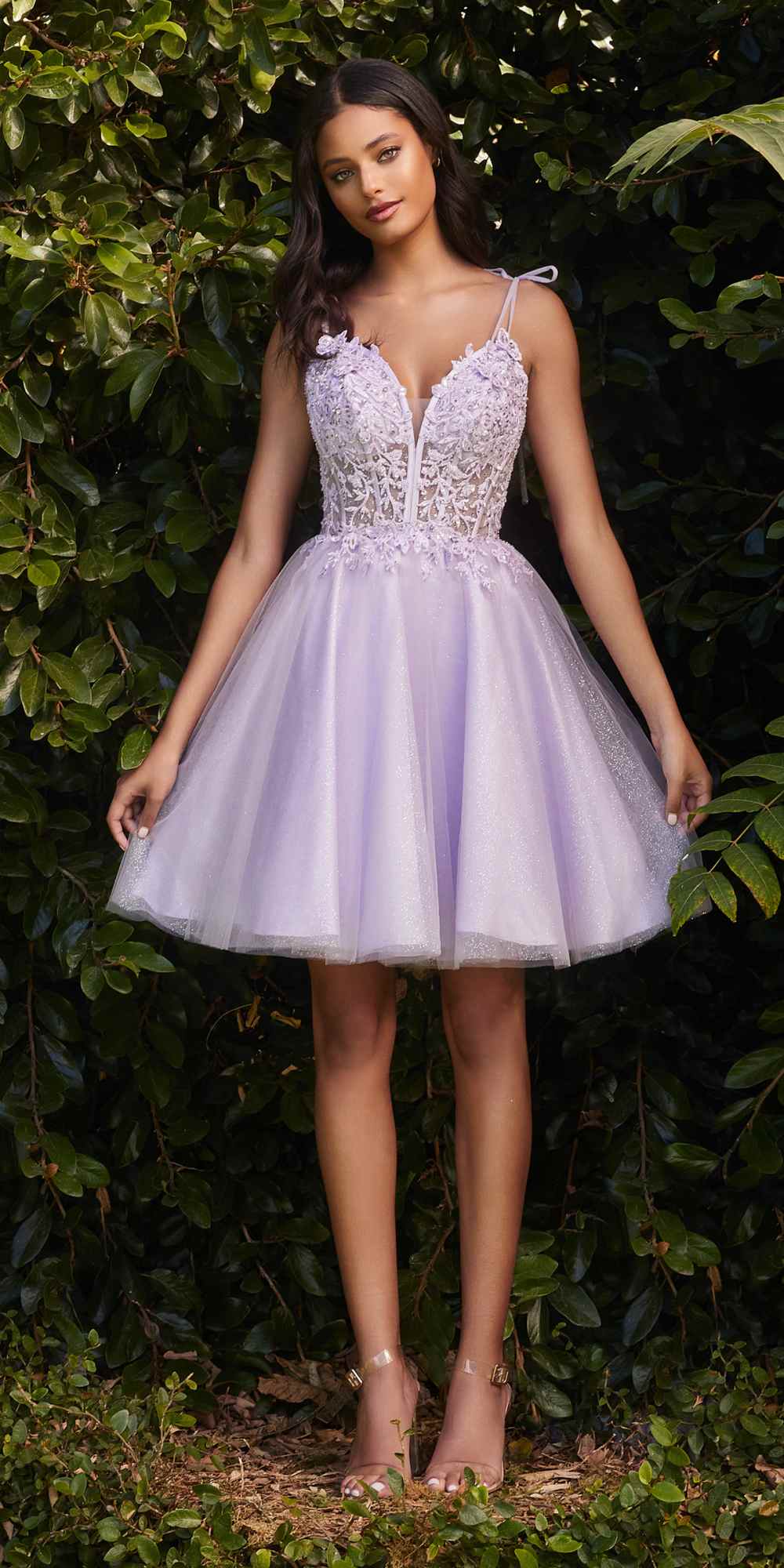 Lavender short A-line tulle lace dress, spaghetti straps, fitted lace bodice