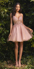 Blush A-line tulle short dress with floral 3D bodice, V-neck, spaghetti straps