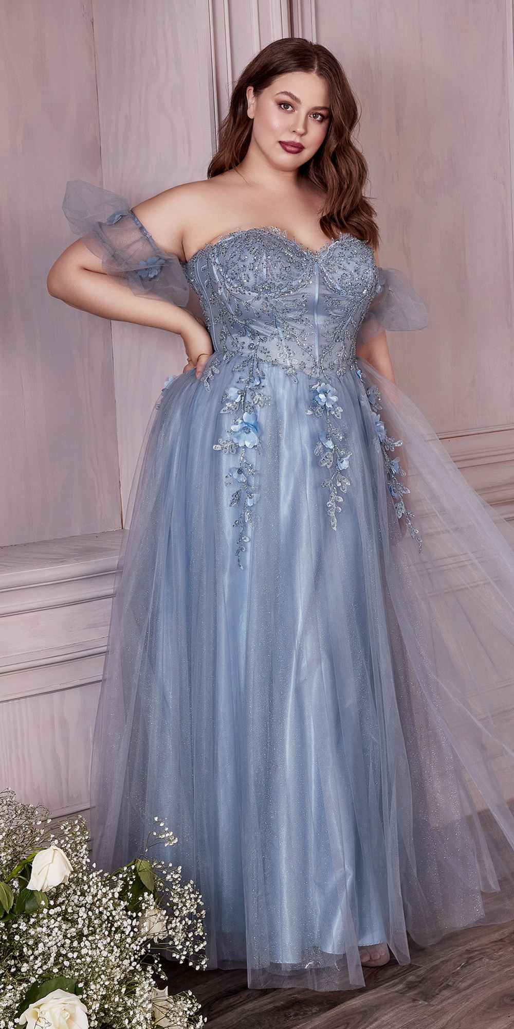 Light blue strapless corset tulle gown with floral appliques and sheer off-shoulder sleeves
