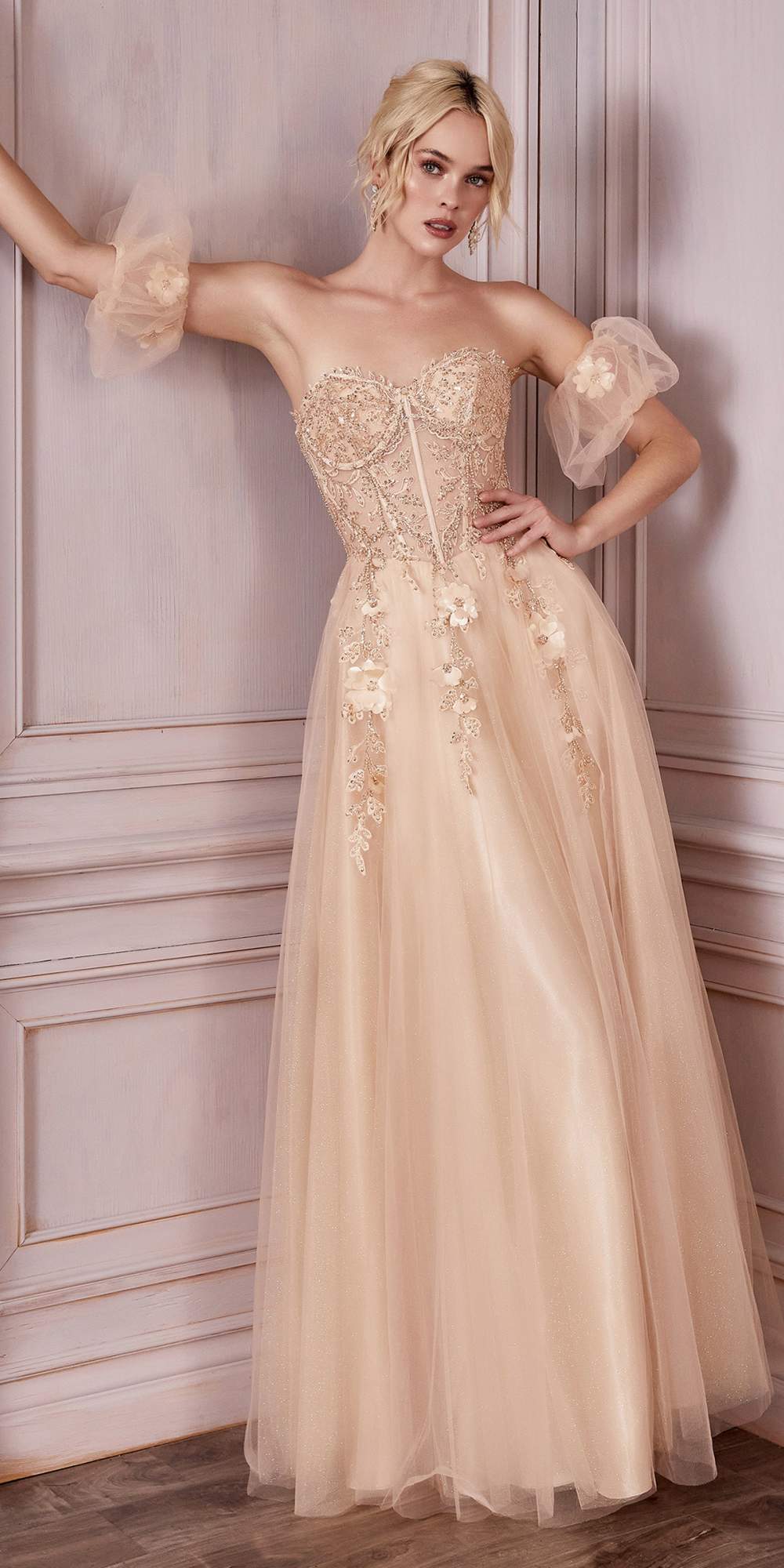 Champagne strapless layered tulle gown with floral lace appliques and sheer puff sleeves