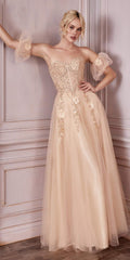 Champagne strapless layered tulle gown with floral lace appliques and sheer puff sleeves