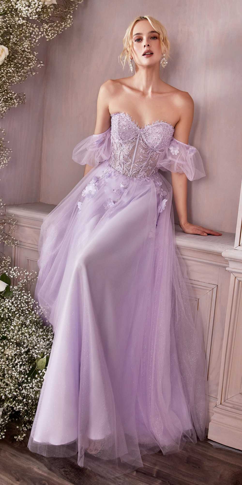 Lavender strapless layered tulle gown with corset-style bodice and sweetheart neckline