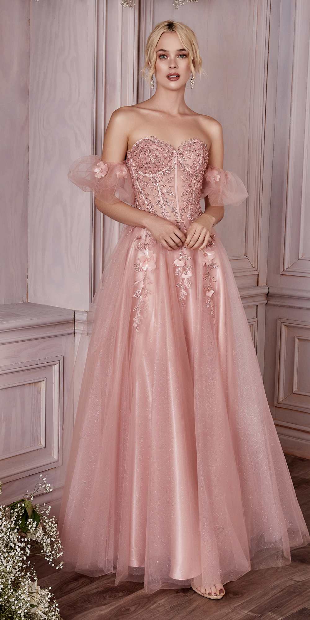 Champagne strapless corset gown with floral appliques and layered tulle skirt