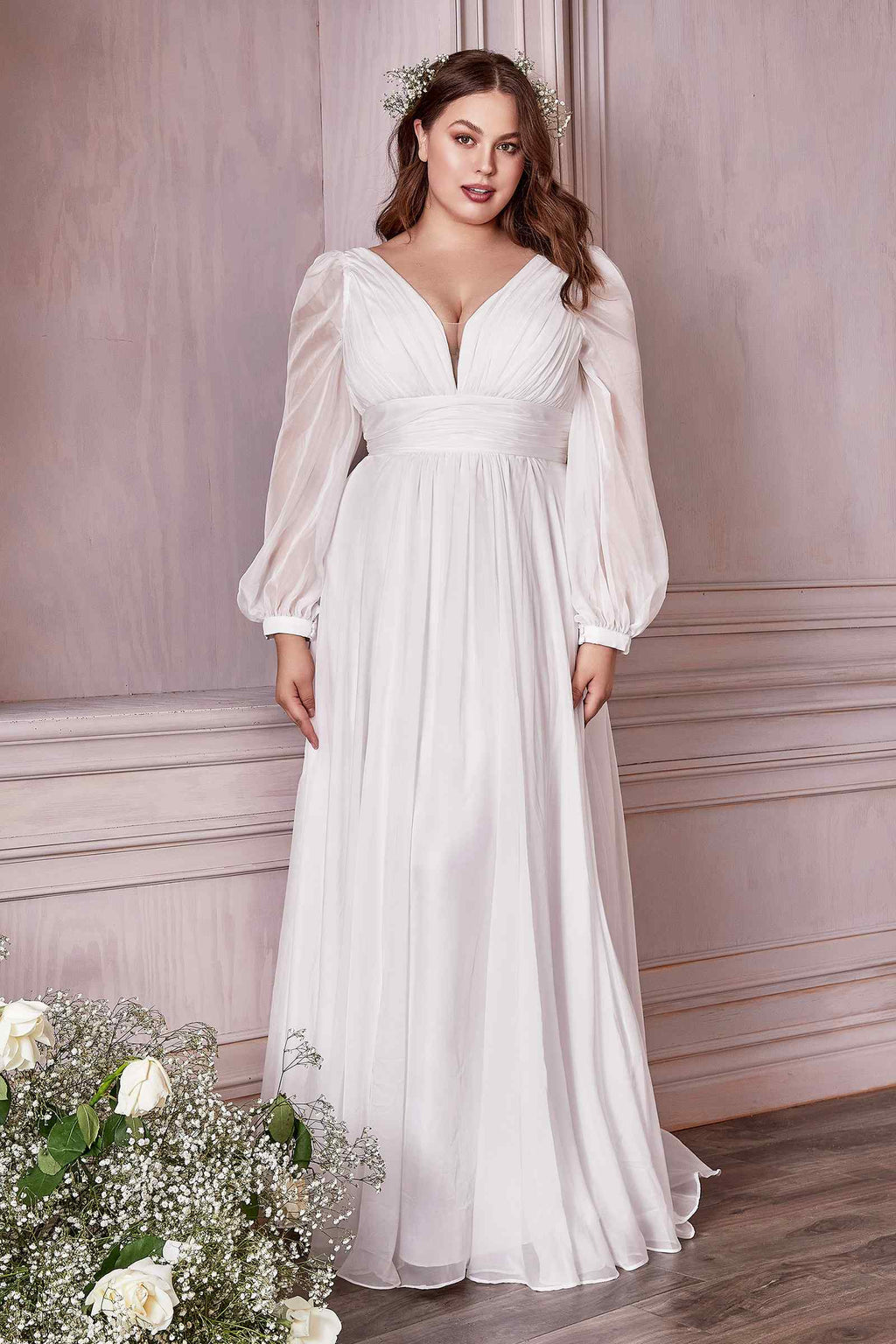 Off-white A-line chiffon dress with V-neck, long sleeves, and pleated skirt