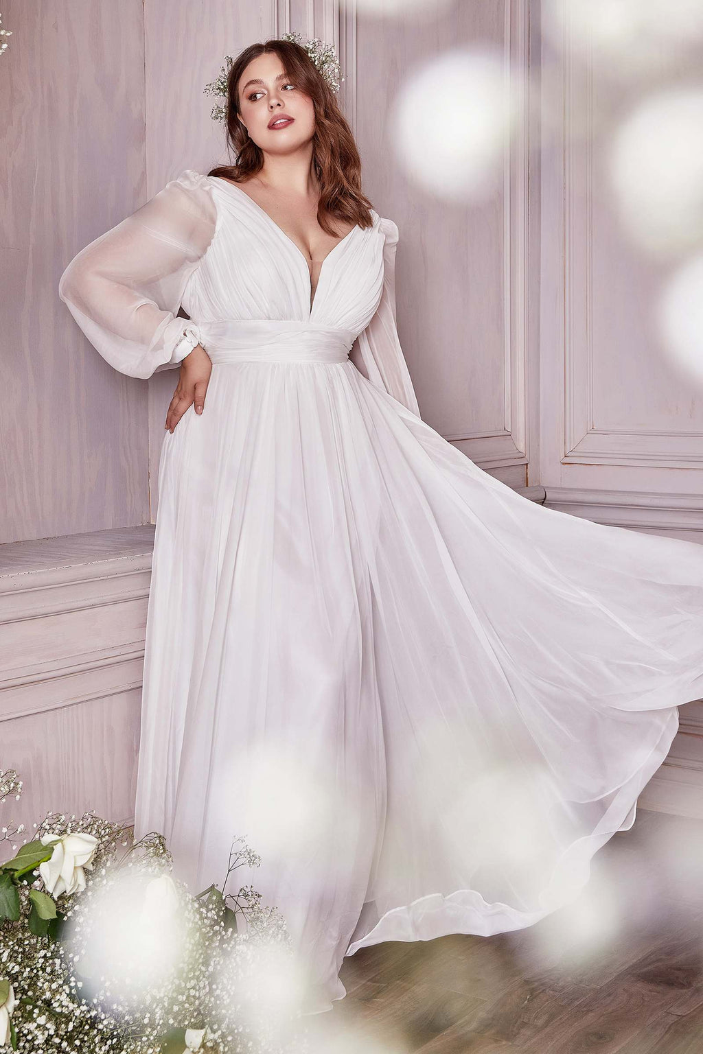 Off-white A-line chiffon dress with V-neck bodice, long sleeves, and gathered waist