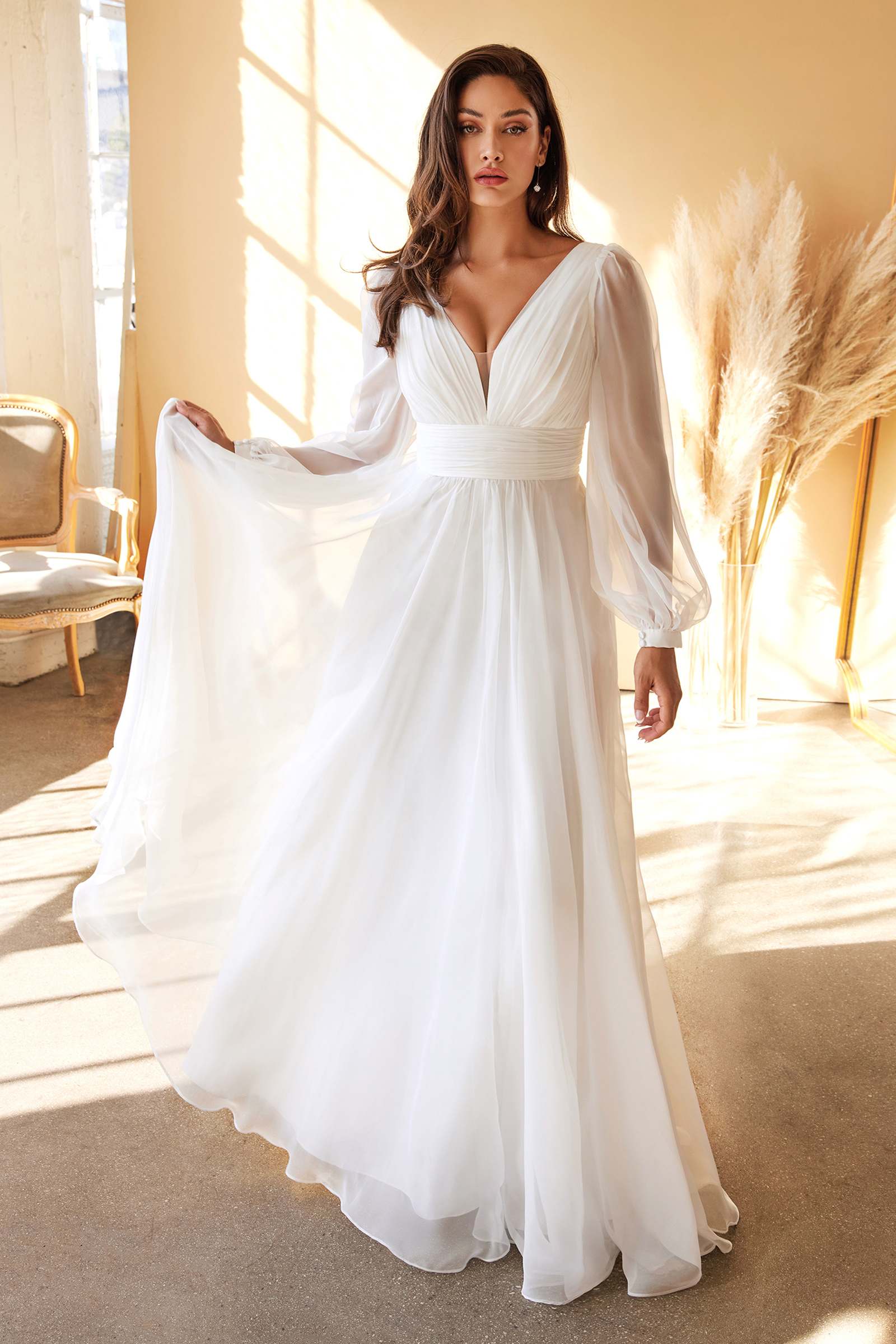 Off-white long-sleeve A-line chiffon dress, V-neck with gathered waist