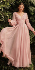 Long sleeve chiffon A-line dress, blush pink, V-neck, gathered waist, flowing skirt