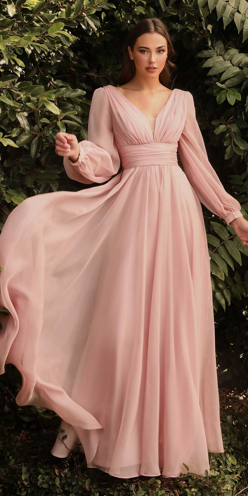 Long sleeve chiffon A-line dress, blush pink, V-neck, gathered waist, flowing skirt
