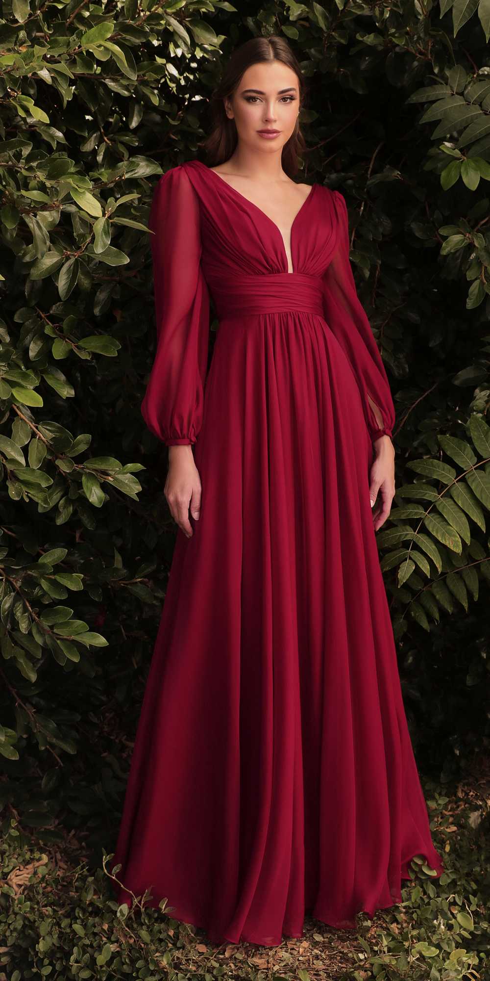 Long sleeve chiffon A-line dress, burgundy, V-neck, gathered waist, full A-line skirt