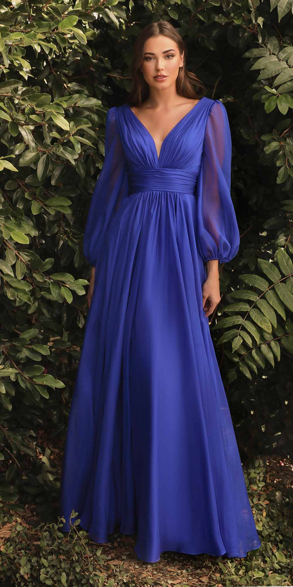 Long-sleeve A-line chiffon dress, royal blue with V-neck and gathered waist