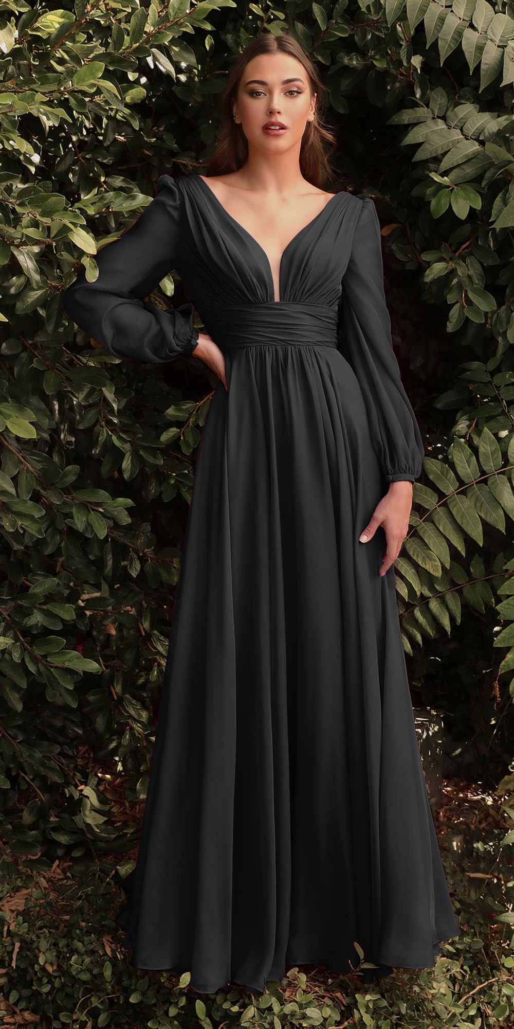Long sleeve chiffon A-line dress, charcoal black, V-neck, gathered waist, full skirt