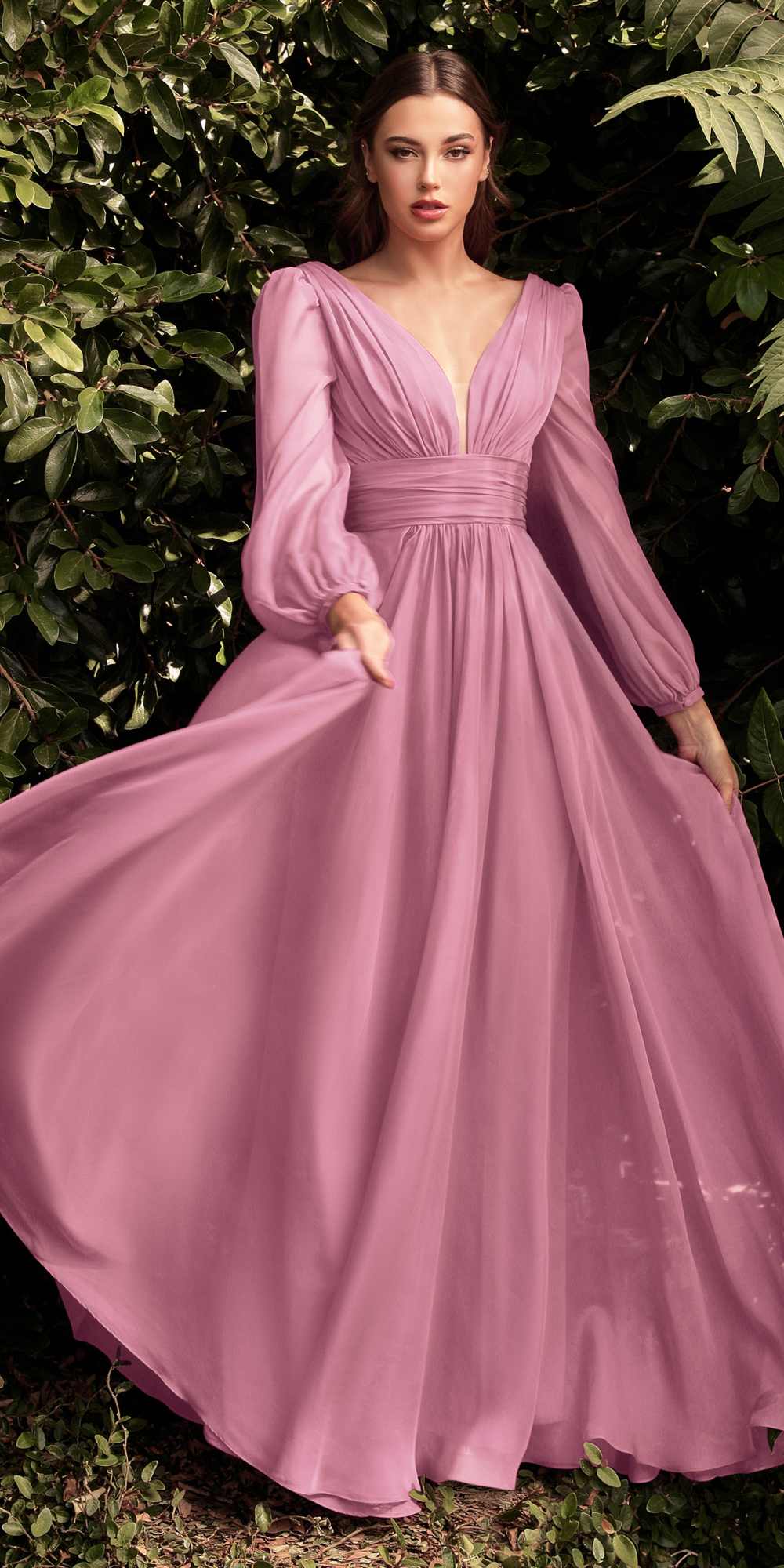 Long sleeve chiffon A-line dress, light mauve pink, V-neck, gathered waist, billowing skirt