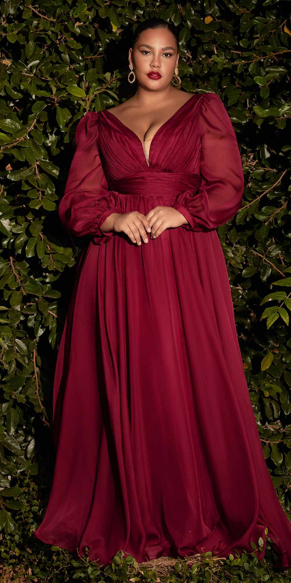 Long sleeve chiffon A-line dress, dark wine red, V-neck, gathered waist, voluminous skirt