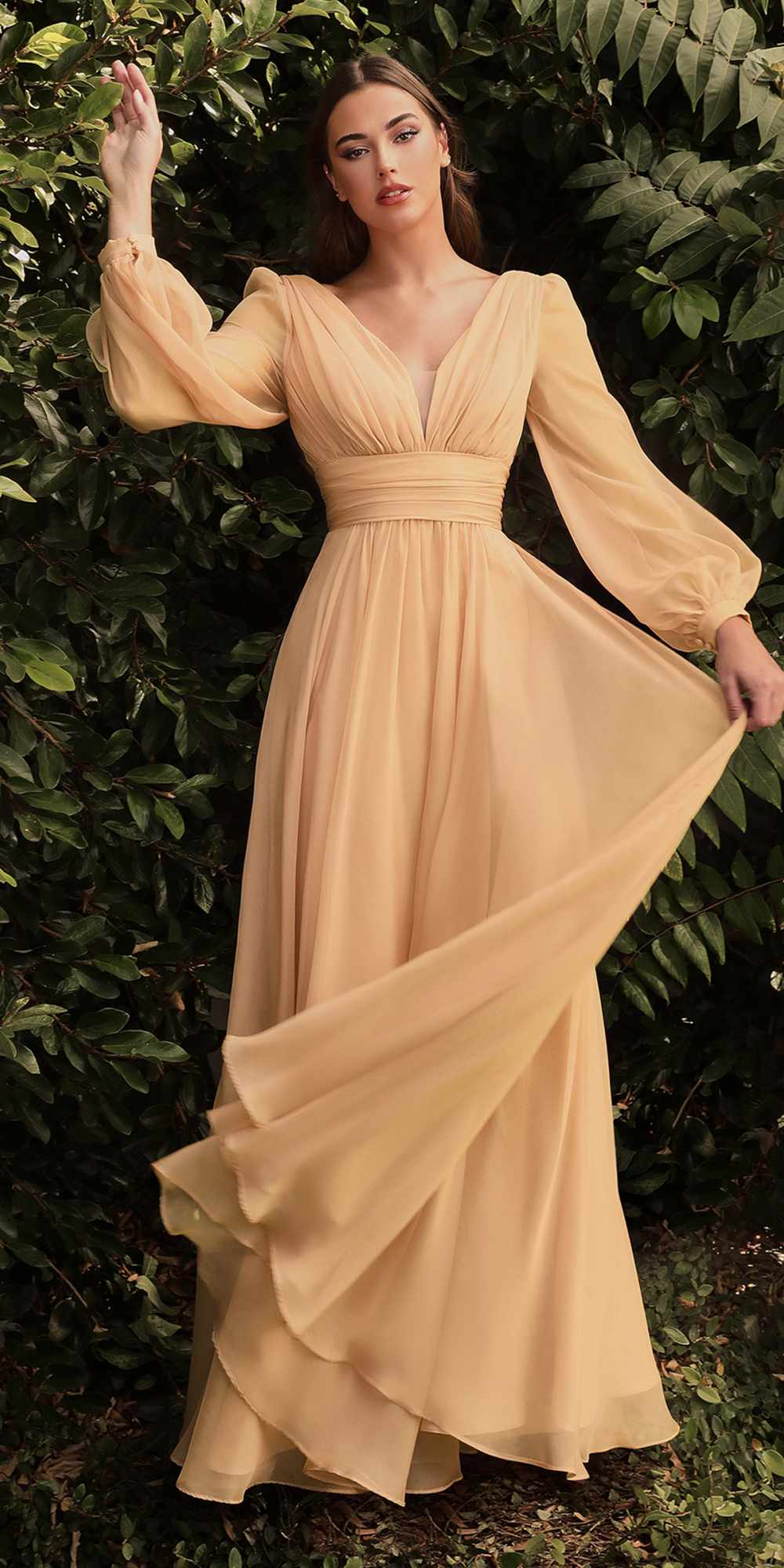 Long sleeve chiffon A-line dress, champagne gold, V-neck, gathered waist, tiered-like skirt