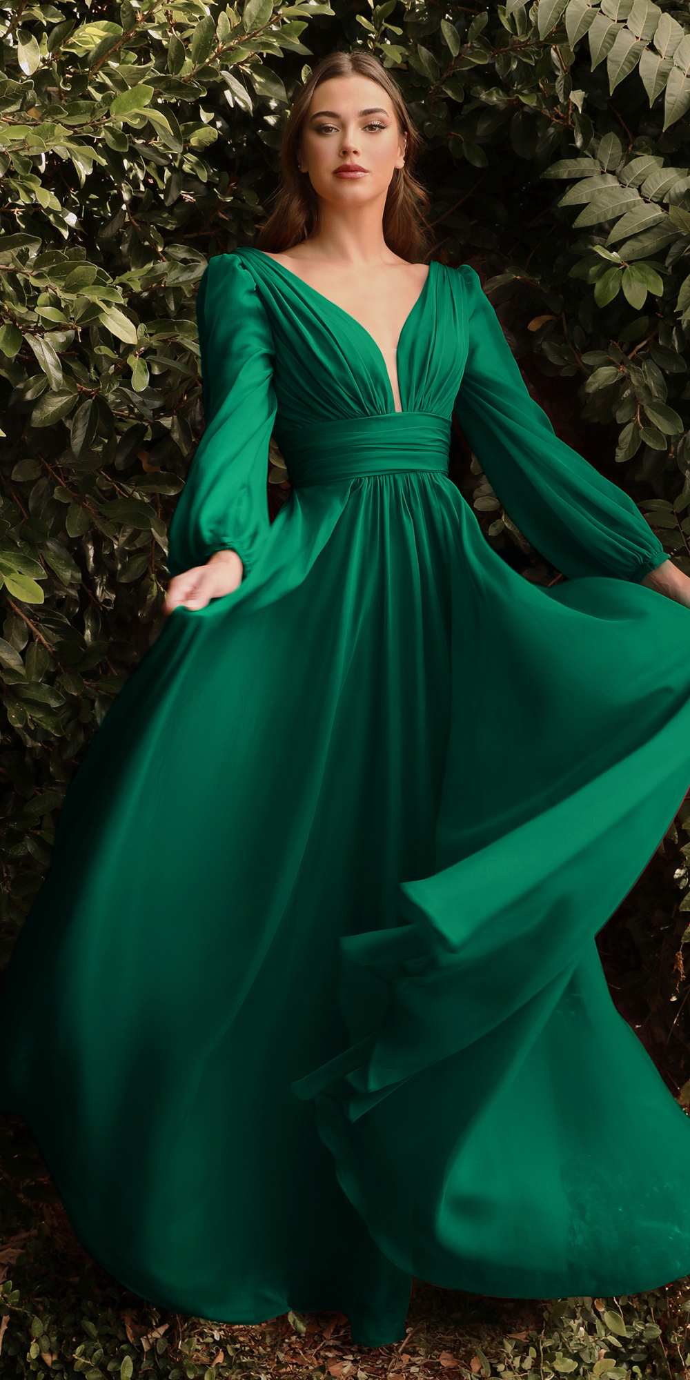 Long-sleeve A-line chiffon dress, emerald green with V-neck and gathered waist