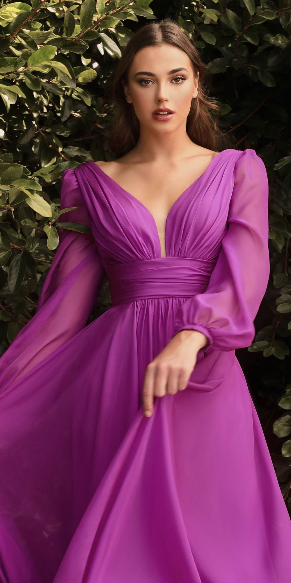 Long-sleeve A-line chiffon dress, purple with V-neck and gathered waist