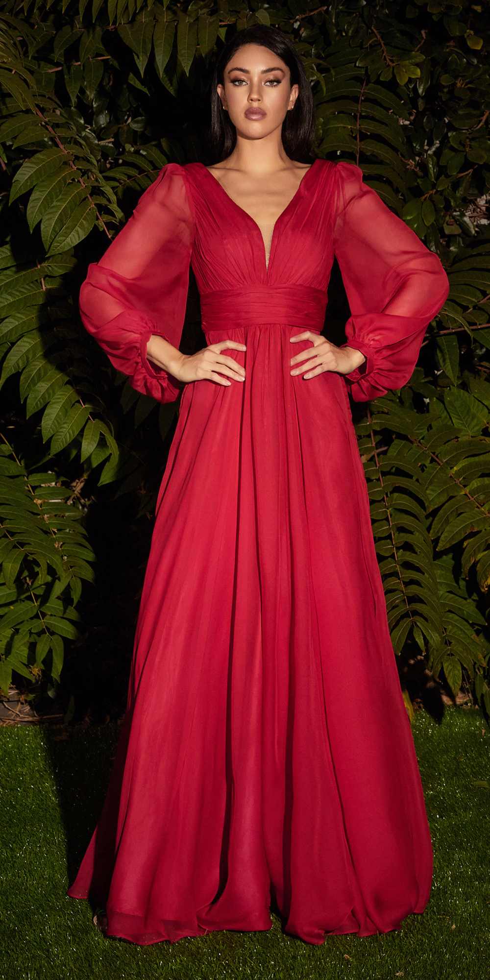 Long sleeve chiffon A-line dress, deep red, V-neck bodice, gathered waist, full skirt