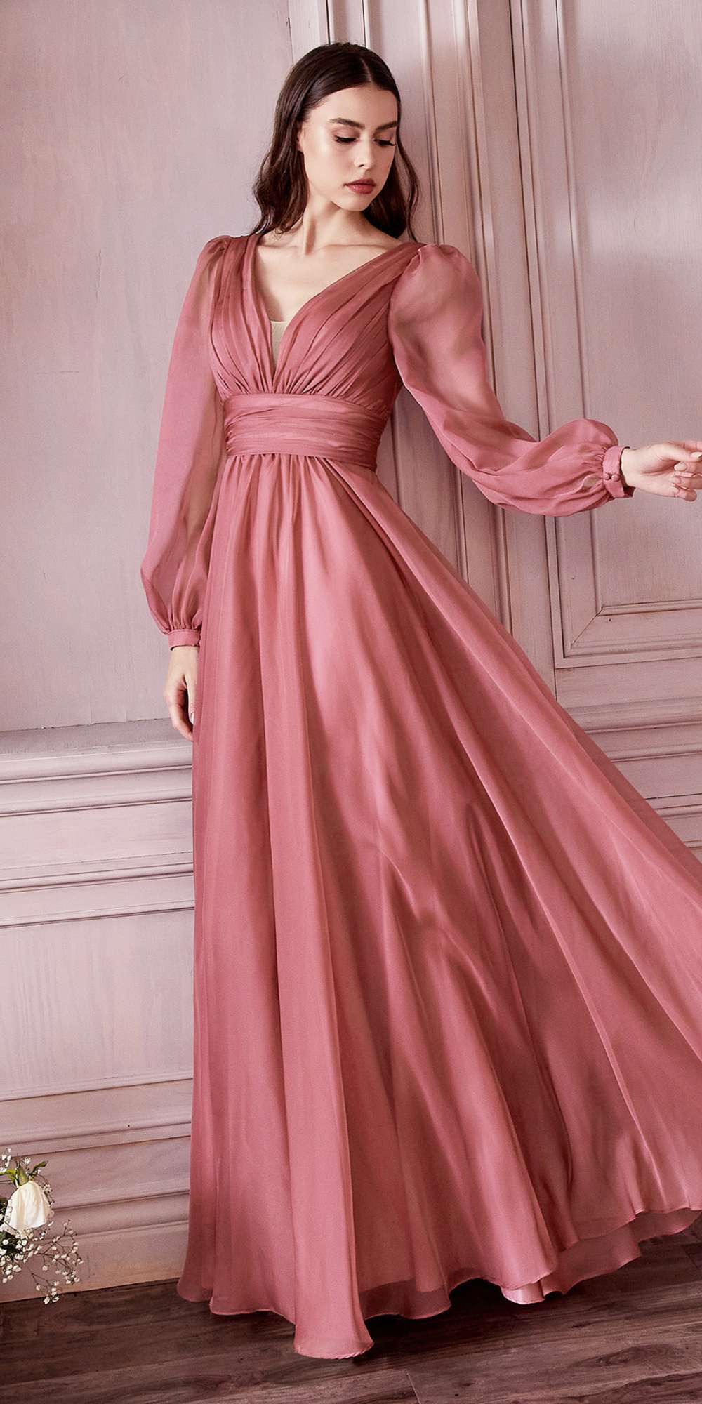 Long-sleeve A-line chiffon dress, blush pink with V-neck and gathered waist