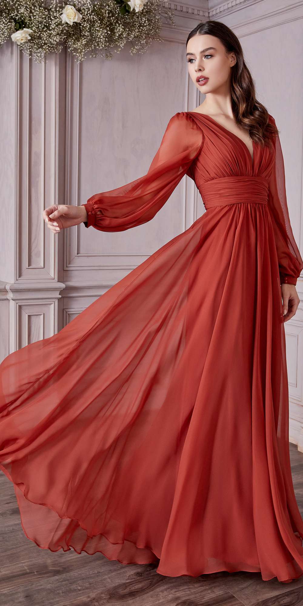Long sleeve chiffon A-line dress, rust orange, V-neck, gathered waist, flowing wide skirt