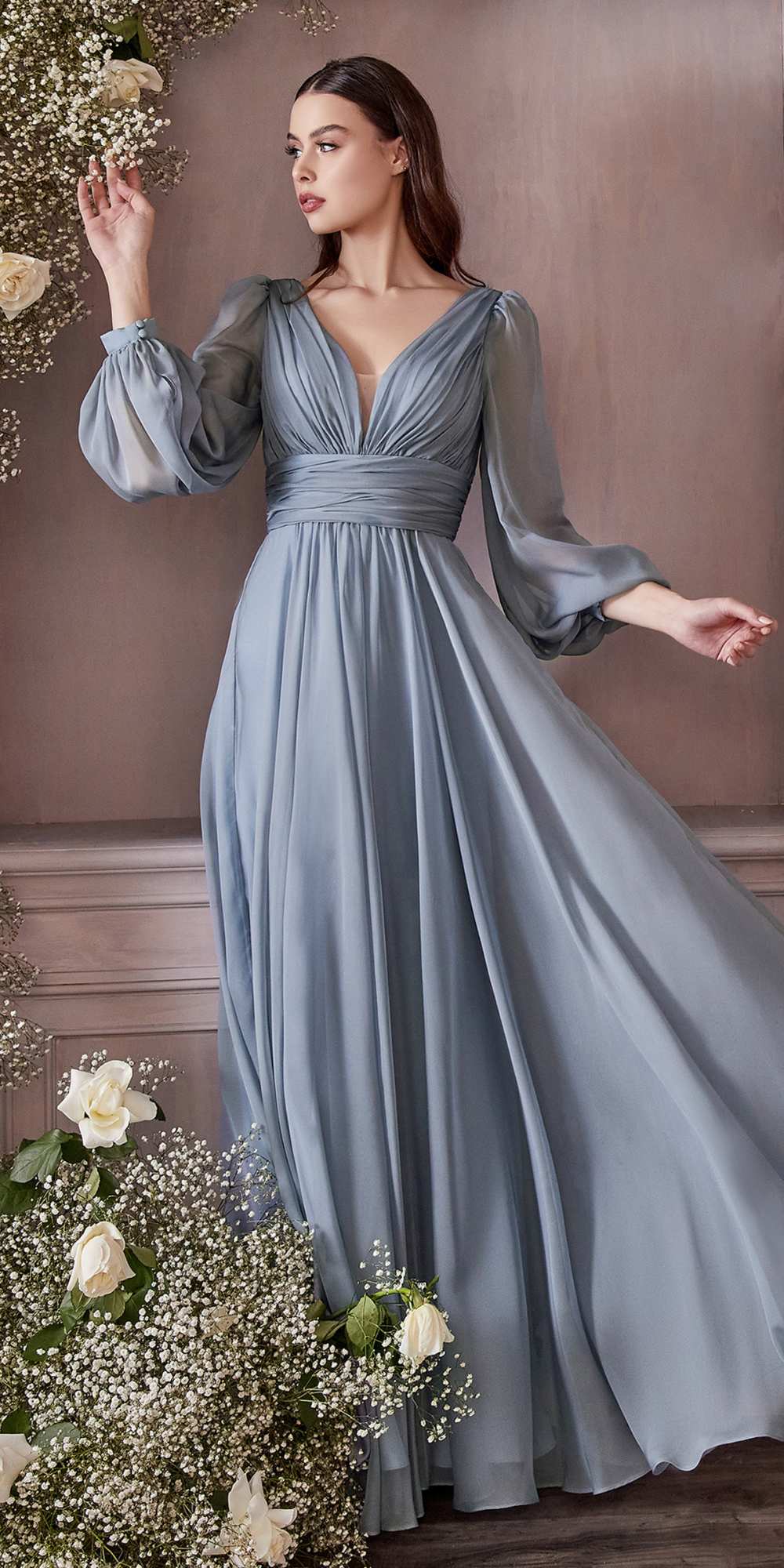 Long sleeve chiffon A-line dress, dusty blue, V-neck, gathered waist, flowing midi skirt