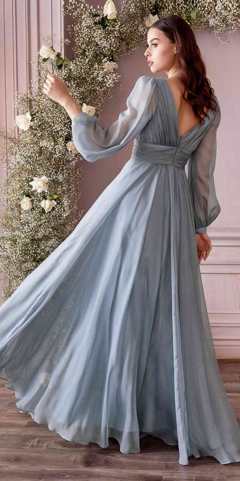 Long sleeve chiffon A-line dress, pale blue, V-neck, gathered waist, wide skirt flare